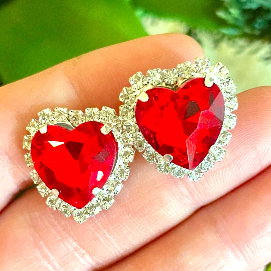 Cubic Zirconia Red Heart Stud Earrings